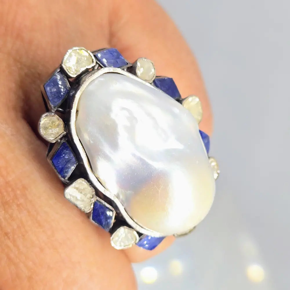 ?BOld Beautiful & Baroque’ Sz 7.5 Ring - Pearl Diamonds Sapphire Black Sterling