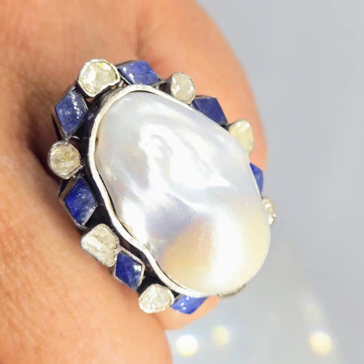 ?BOld Beautiful & Baroque’ Sz 7.5 Ring - Pearl Diamonds Sapphire Black Sterling