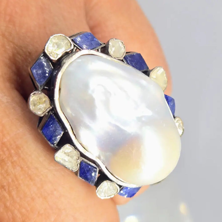 ?BOld Beautiful & Baroque’ Sz 7.5 Ring - Pearl Diamonds Sapphire Black Sterling