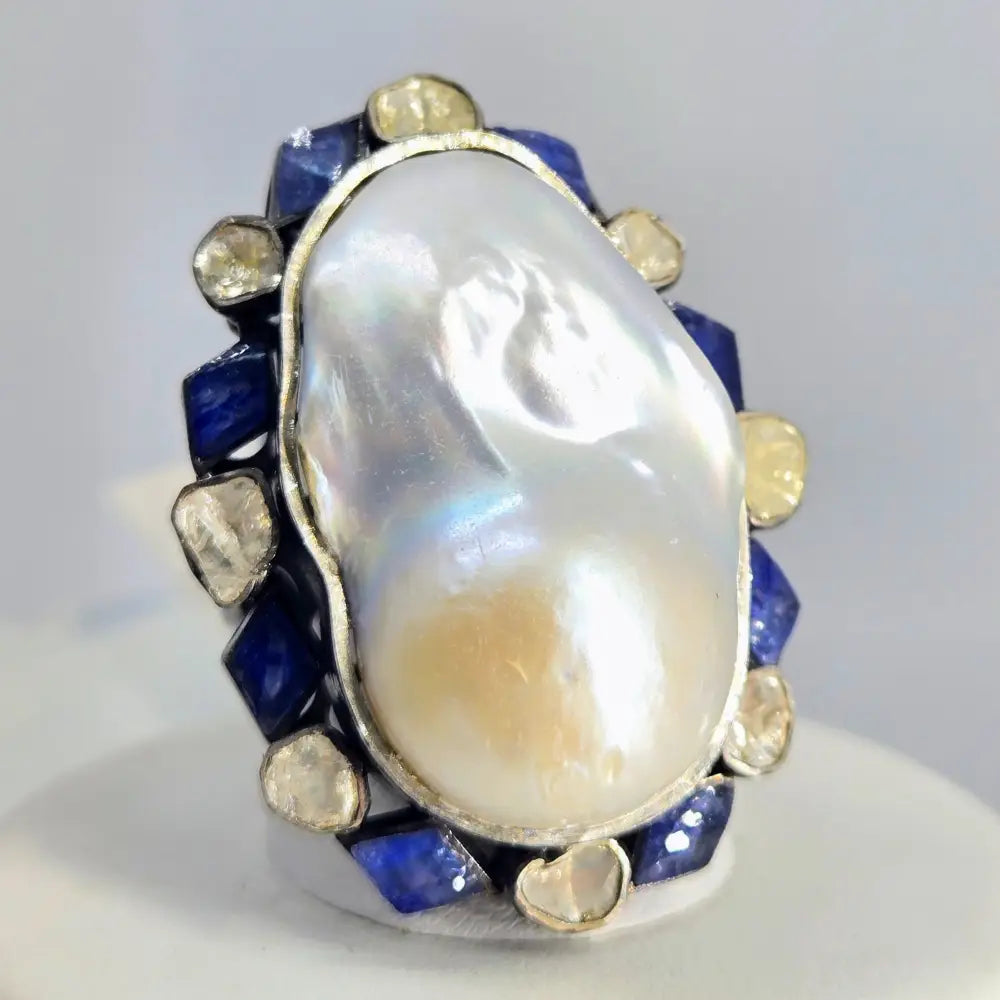 ?BOld Beautiful & Baroque’ Sz 7.5 Ring - Pearl Diamonds Sapphire Black Sterling