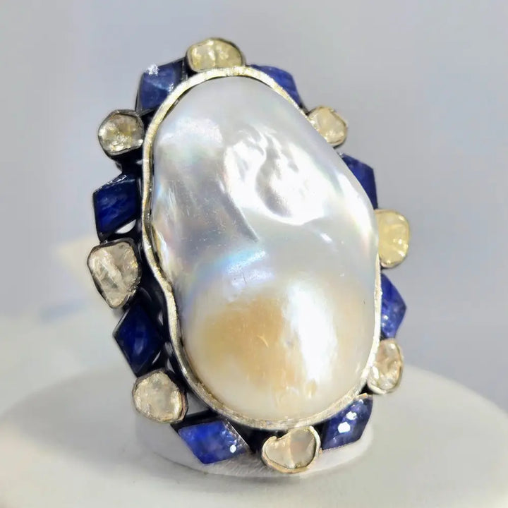 ?BOld Beautiful & Baroque’ Sz 7.5 Ring - Pearl Diamonds Sapphire Black Sterling