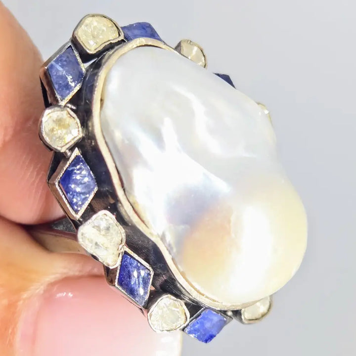 ?BOld Beautiful & Baroque’ Sz 7.5 Ring - Pearl Diamonds Sapphire Black Sterling