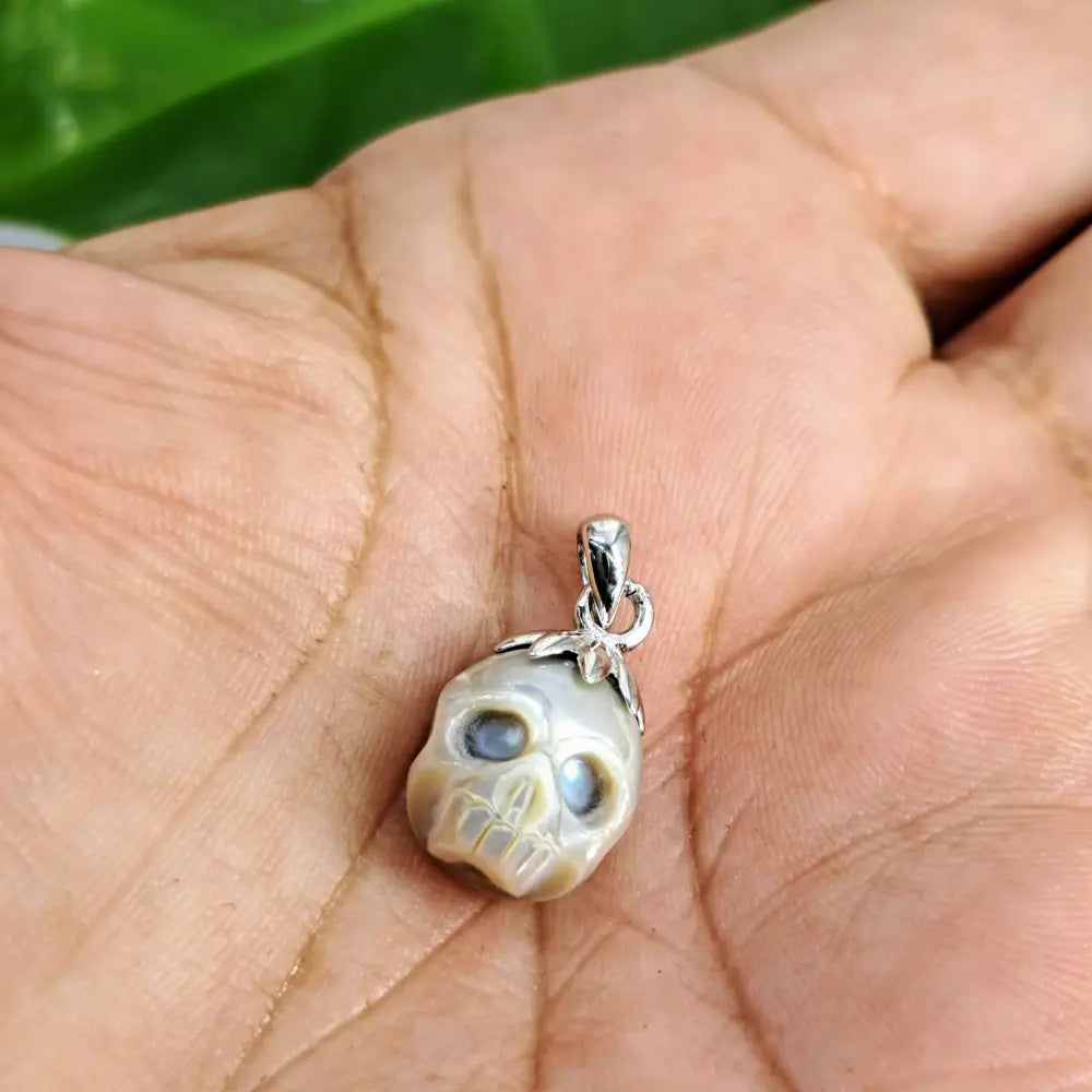 ?BOne Island Charmer’ Pendant Necklace - (silver or White) Carved Pearl Skull Sterling