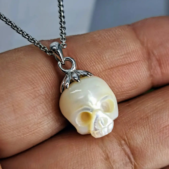 ?BOne Island Charmer’ Pendant Necklace - (silver or White) Carved Pearl Skull Sterling