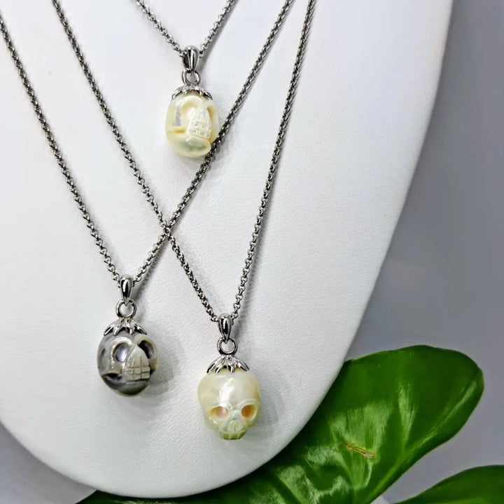 ?BOne Island Charmer’ Pendant Necklace - (silver or White) Carved Pearl Skull Sterling