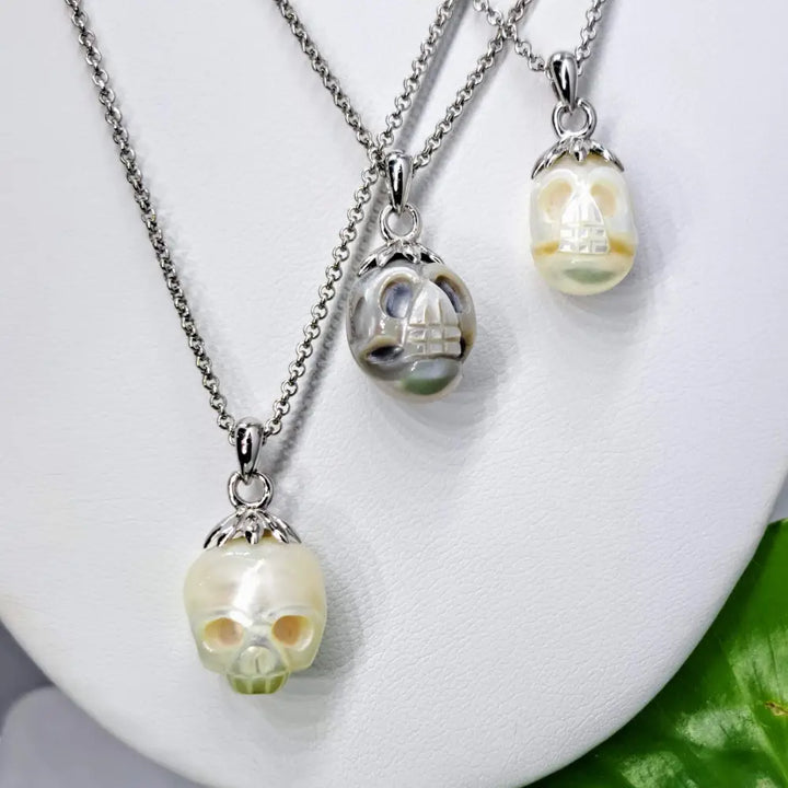 ?BOne Island Charmer’ Pendant Necklace - (silver or White) Carved Pearl Skull Sterling