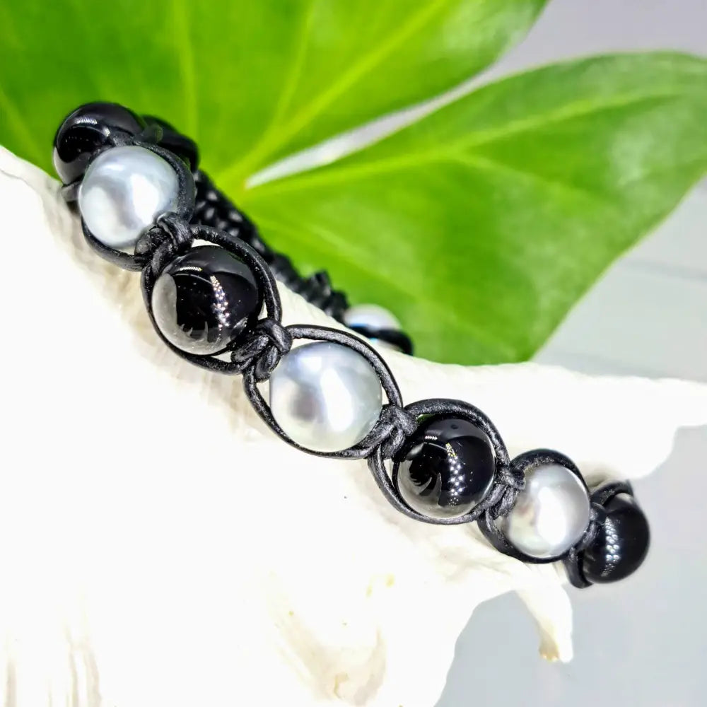 ?BOra Bora - Black & Mora!’ Bracelets - Tahitian Pearls Leather - 7.5’’ w 3 Silver Overtone 6 Onyx (10mm) + South Sea