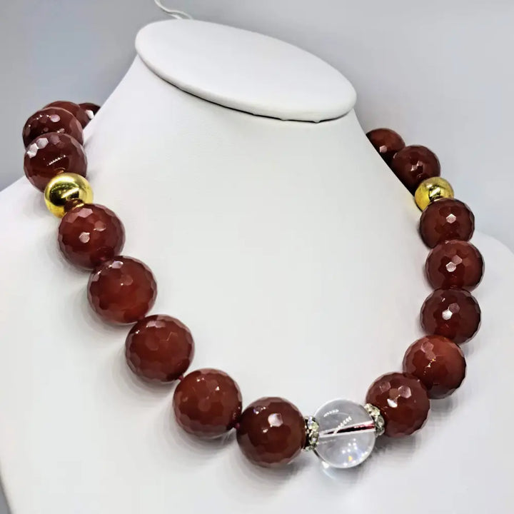 Outlet ?Bourbon Balls’ 20’’ Necklace - Carnelian Quartz Brass Sterling Crystal Accents