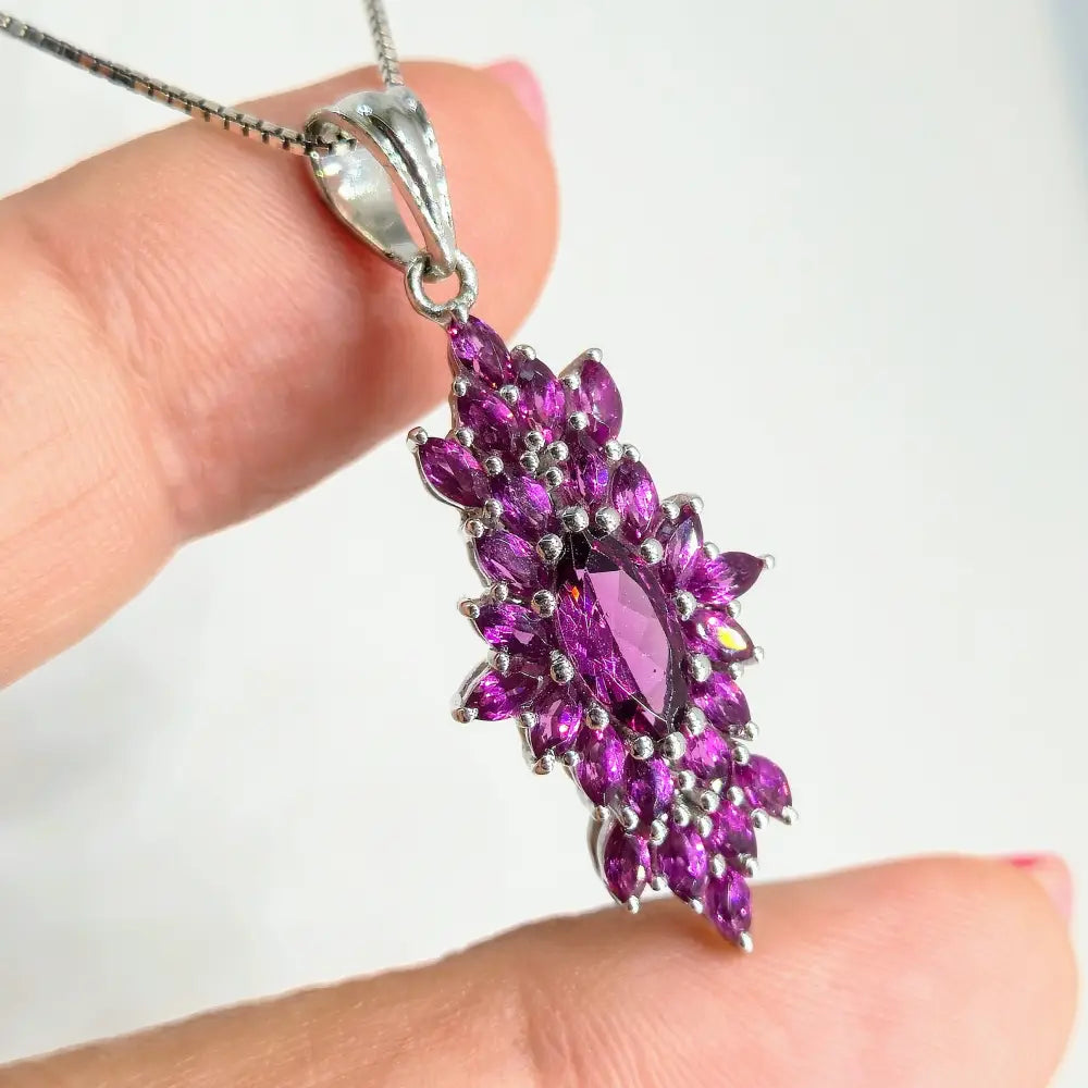 ?BOysenberry Burst’ 18’’ Necklace 1.75’’ Pendant Rhodolite Garnet Anti-tarnish Sterling