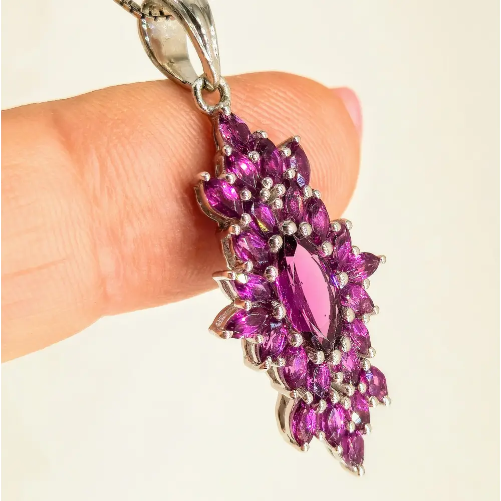 ?BOysenberry Burst’ 18’’ Necklace 1.75’’ Pendant Rhodolite Garnet Anti-tarnish Sterling