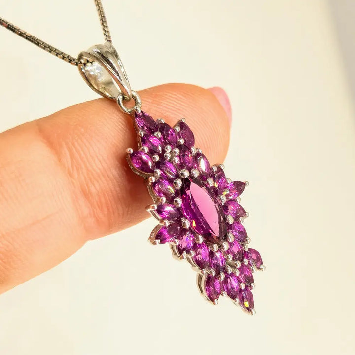 ?BOysenberry Burst’ 18’’ Necklace 1.75’’ Pendant Rhodolite Garnet Anti-tarnish Sterling