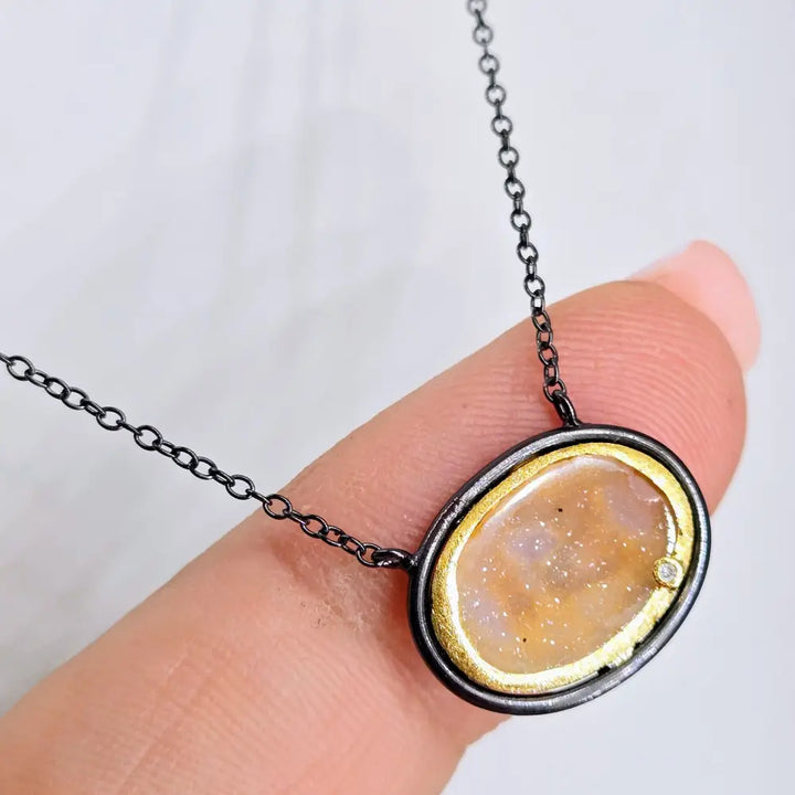?BRown Sugar Spice’ 16’’ - 18’’ Necklace - Druzy Geode Diamond Black & Gold Sterling