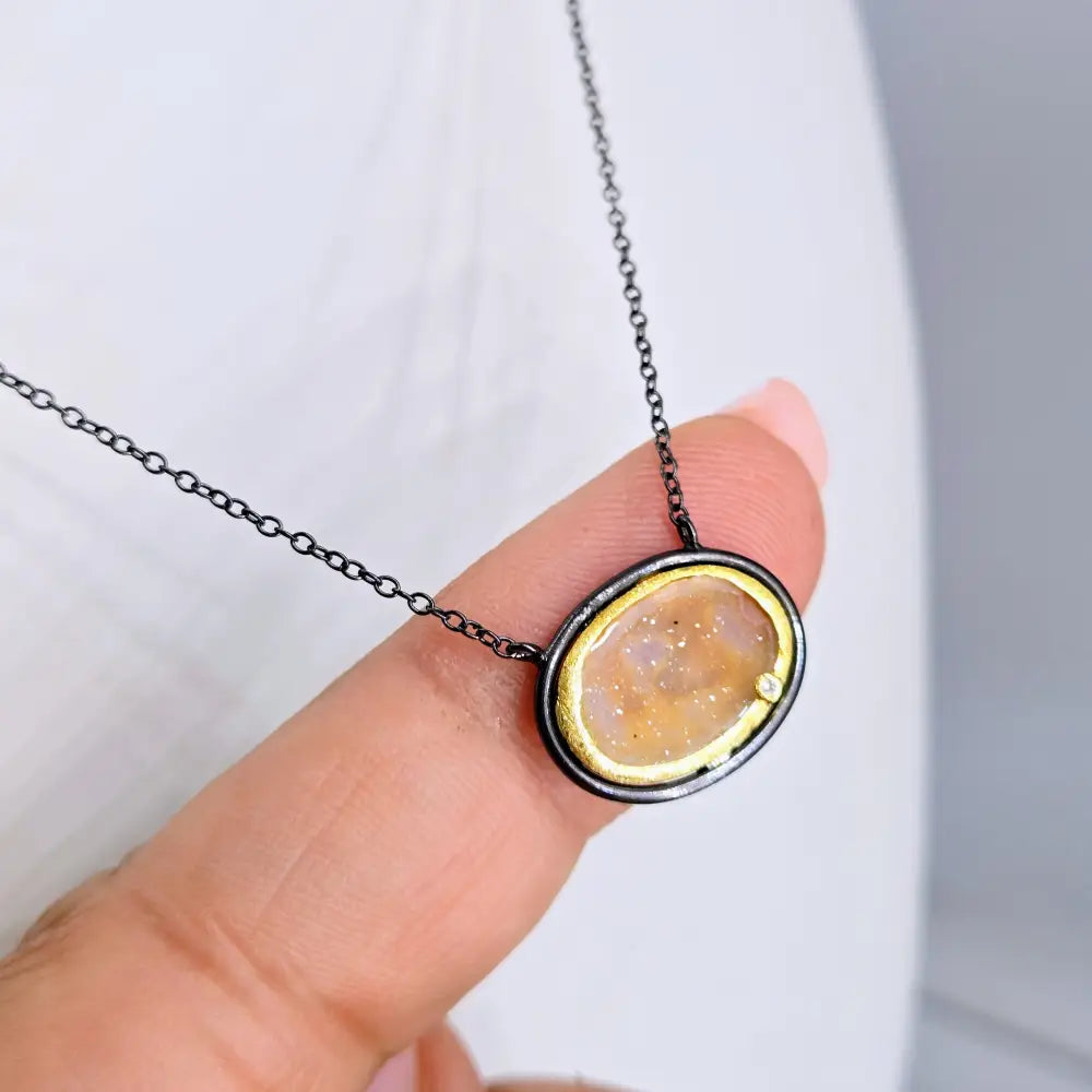 ?BRown Sugar Spice’ 16’’ - 18’’ Necklace - Druzy Geode Diamond Black & Gold Sterling