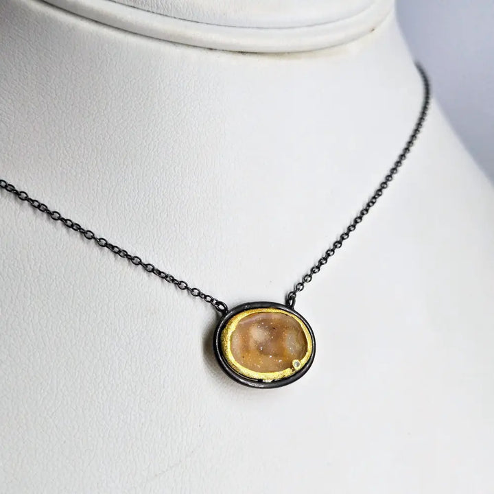 ?BRown Sugar Spice’ 16’’ - 18’’ Necklace - Druzy Geode Diamond Black & Gold Sterling