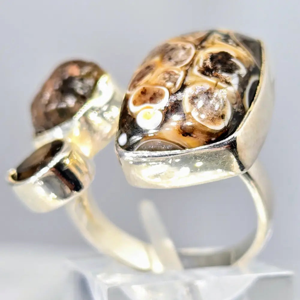 ?BRownie Points for Awesomeness!’ Adj Sz Ring - Turitella Fossil Smoky Quartz Sterling