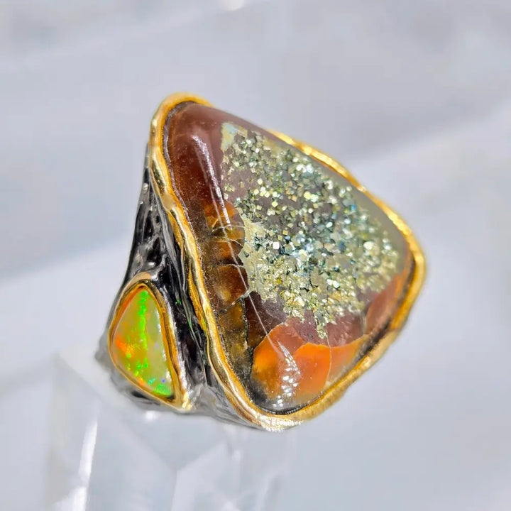 ?BRutalist Beauty’ Sz 7.25 Ring - Druzy Agate Opal Black Sterling 18k Gold Accents