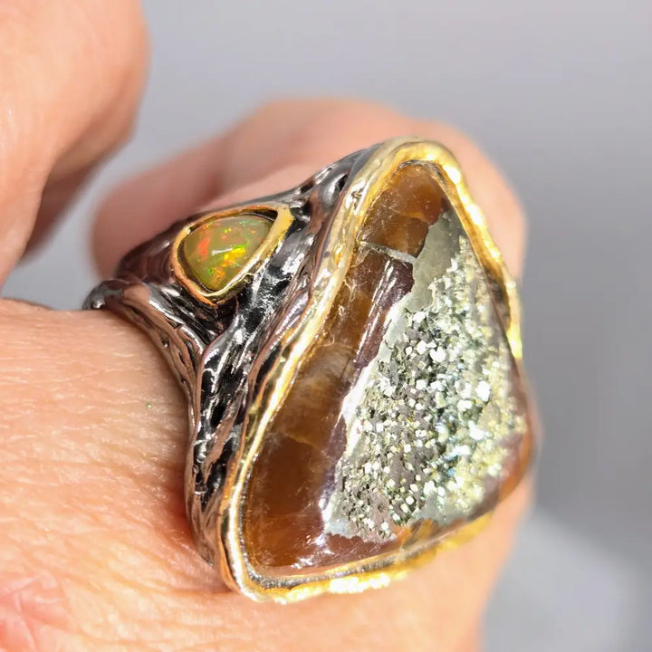 ?BRutalist Beauty’ Sz 7.25 Ring - Druzy Agate Opal Black Sterling 18k Gold Accents