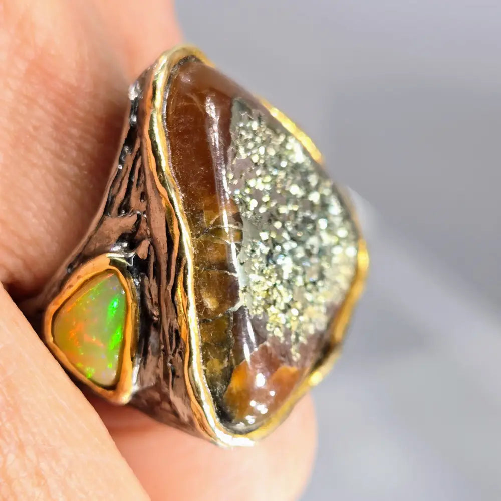 ?BRutalist Beauty’ Sz 7.25 Ring - Druzy Agate Opal Black Sterling 18k Gold Accents