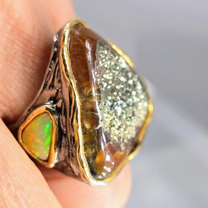 ?BRutalist Beauty’ Sz 7.25 Ring - Druzy Agate Opal Black Sterling 18k Gold Accents