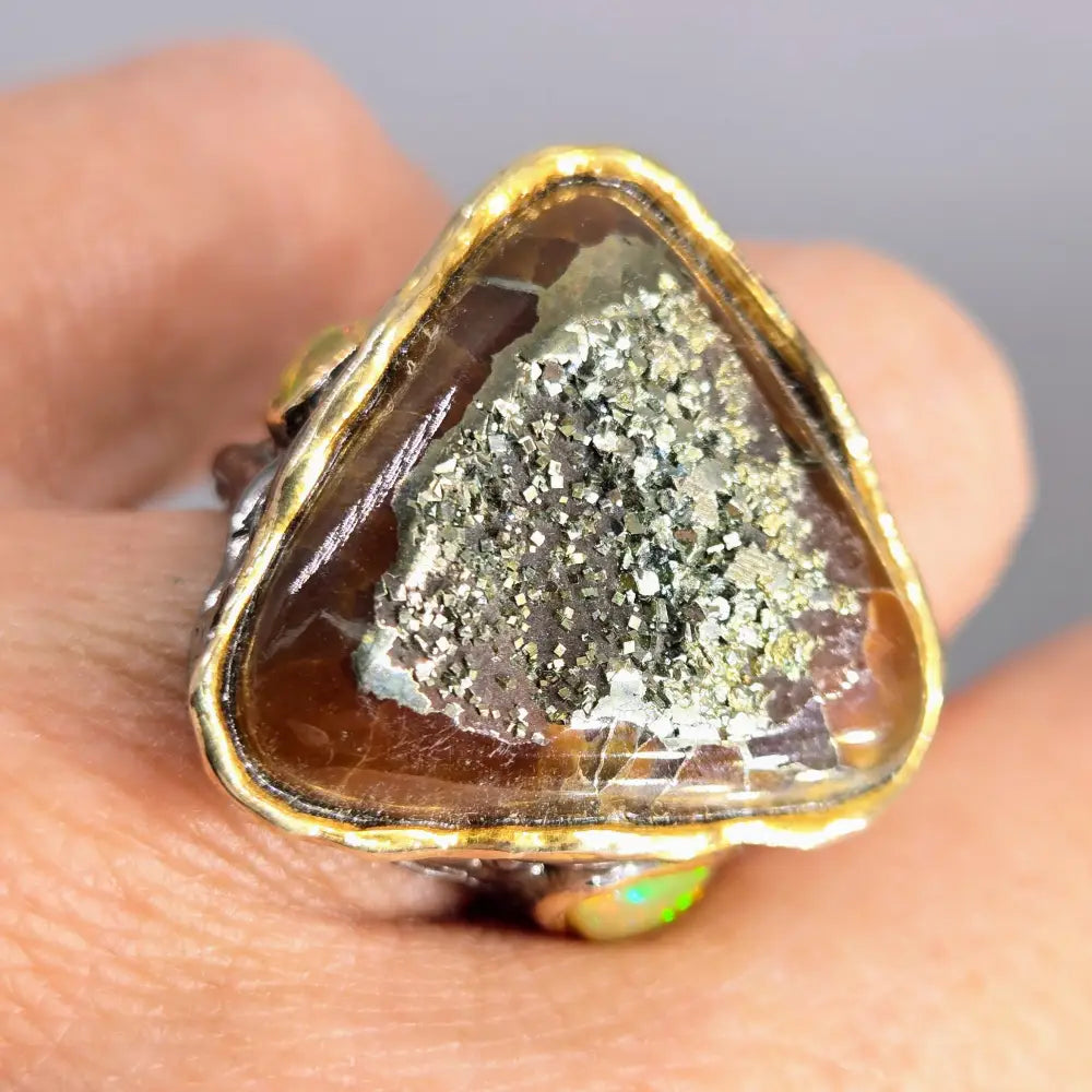 ?BRutalist Beauty’ Sz 7.25 Ring - Druzy Agate Opal Black Sterling 18k Gold Accents