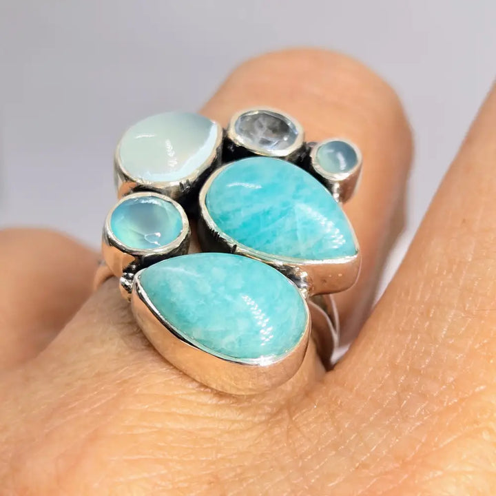 ?BUbbling Seafoam’ Sz 7 Ring -amazonite Chalcedony Topaz Sterling