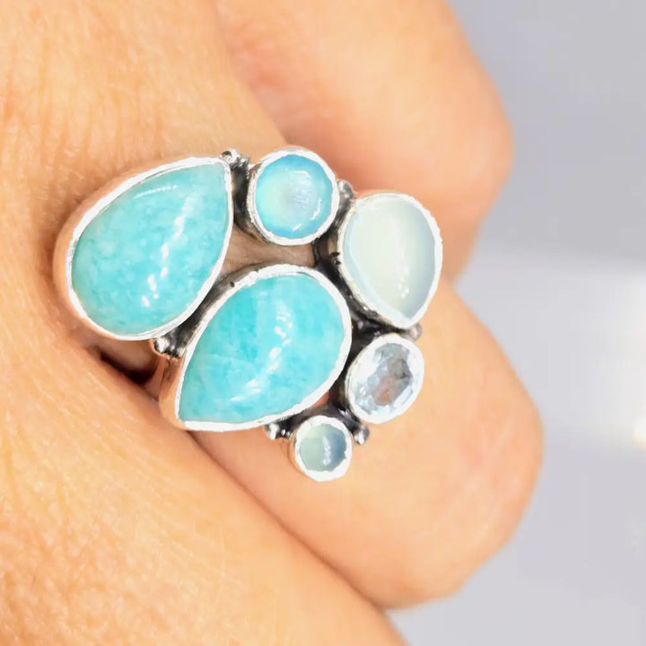 ?BUbbling Seafoam’ Sz 7 Ring -amazonite Chalcedony Topaz Sterling