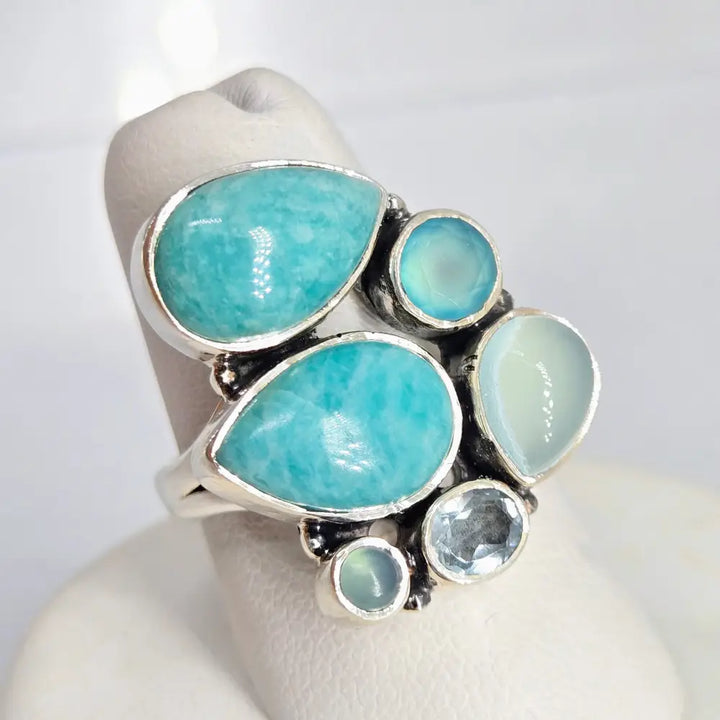 ?BUbbling Seafoam’ Sz 7 Ring -amazonite Chalcedony Topaz Sterling