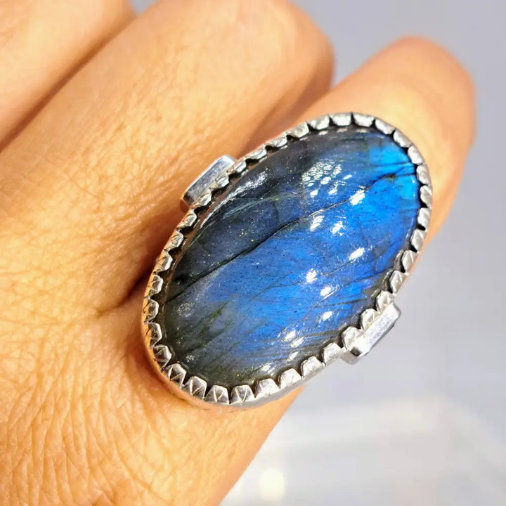 ?BUena Suerte’’ Sz 9 Ring - Labradorite Garnet Hand-forged Sterling