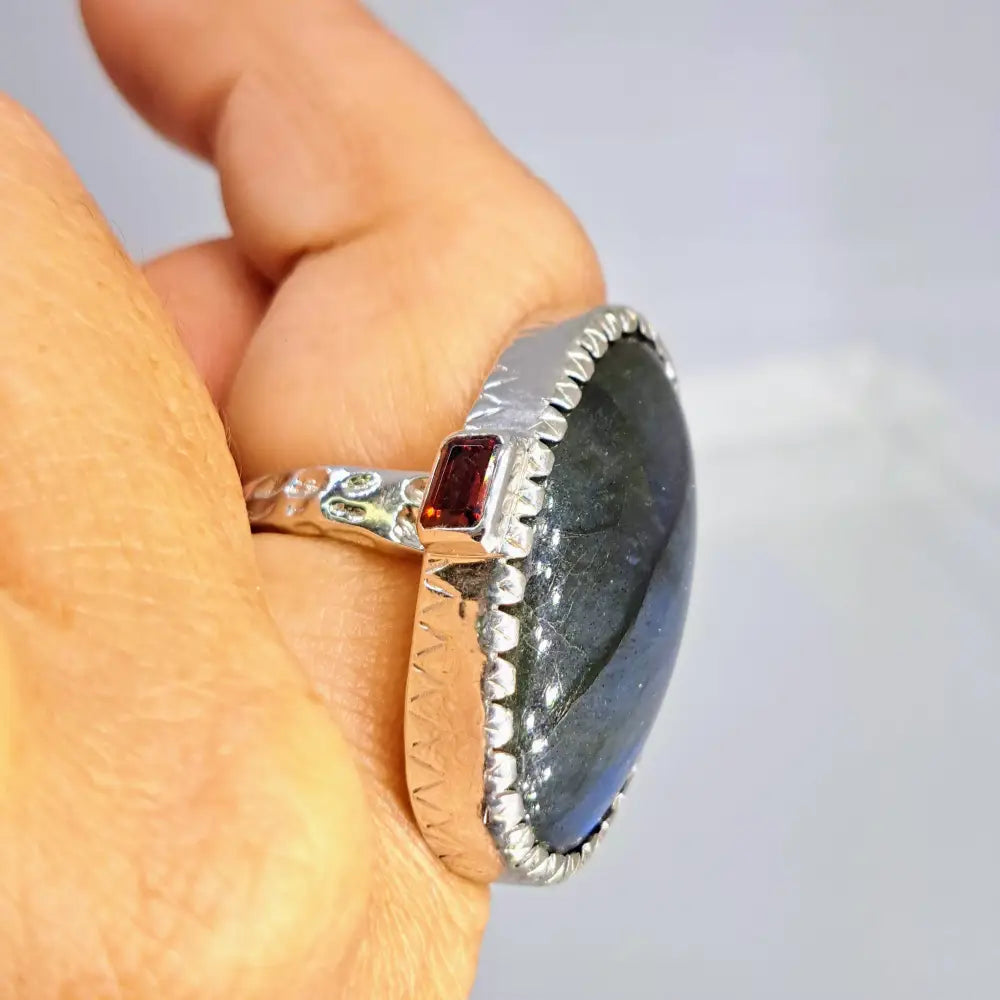 ?BUena Suerte’’ Sz 9 Ring - Labradorite Garnet Hand-forged Sterling
