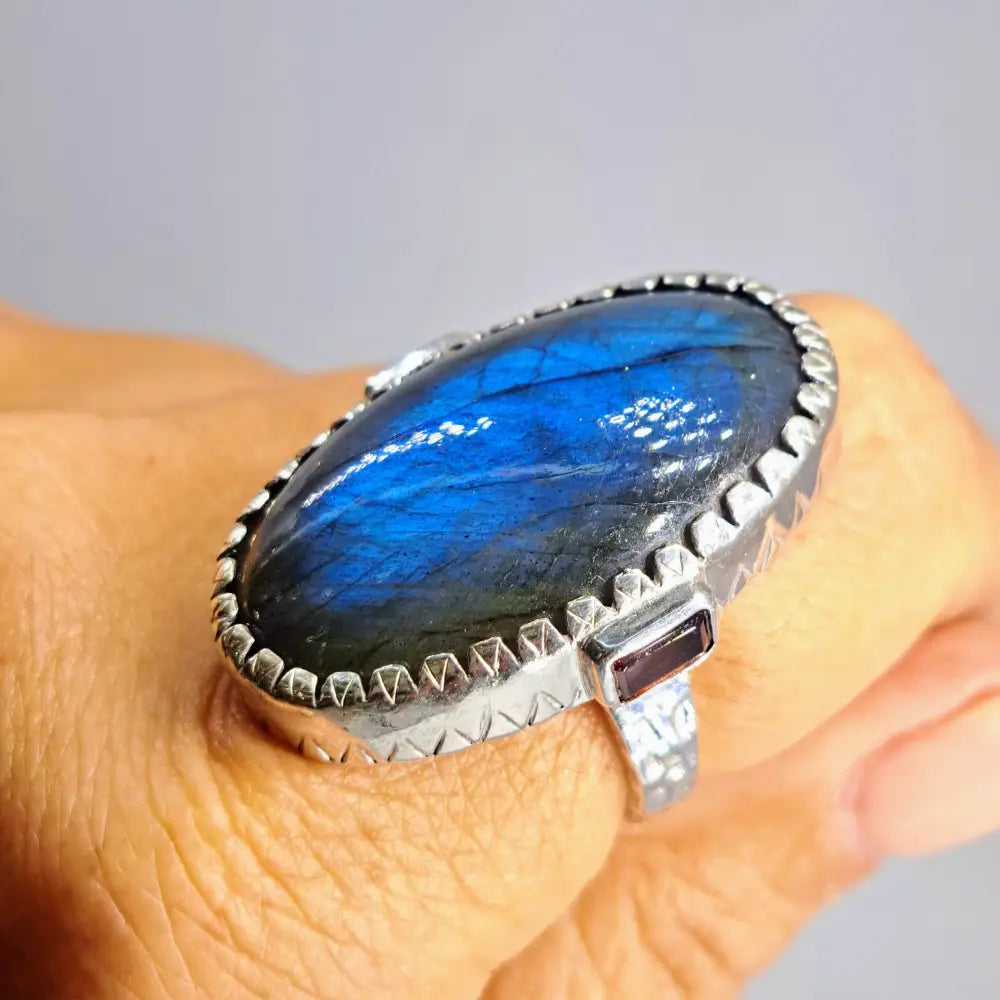 ?BUena Suerte’’ Sz 9 Ring - Labradorite Garnet Hand-forged Sterling