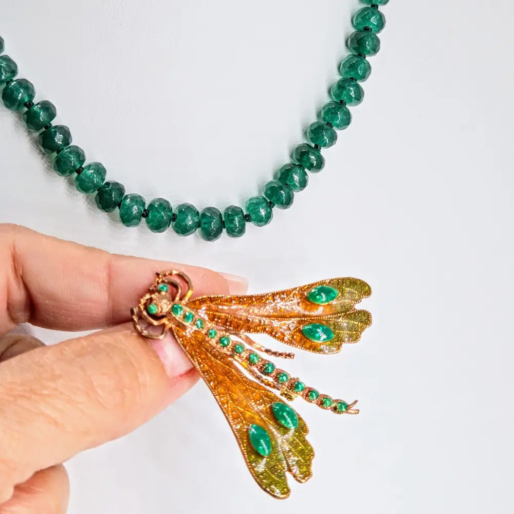?CAmp Fire-fly’ Convertible Necklace/brooch Combo - Green Quartz Bronze Enamel Sterling Findings - Necklace