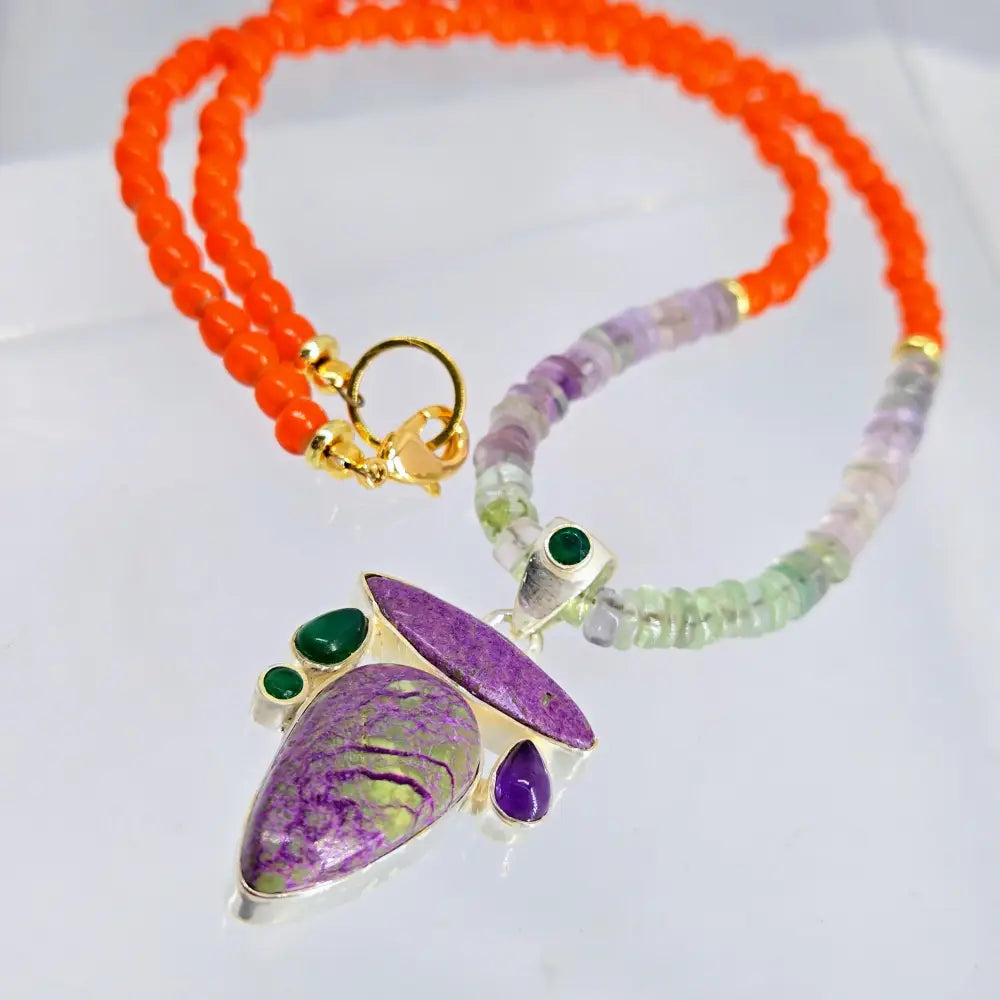 ?CAndy-dandy Double’ Pendant Necklace Combo - Mixed Gems & Beads Cable Sterling Gold-plated Findings