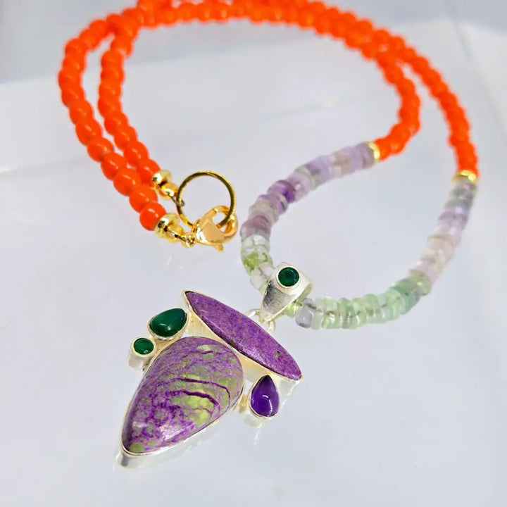 ?CAndy-dandy Double’ Pendant Necklace Combo - Mixed Gems & Beads Cable Sterling Gold-plated Findings