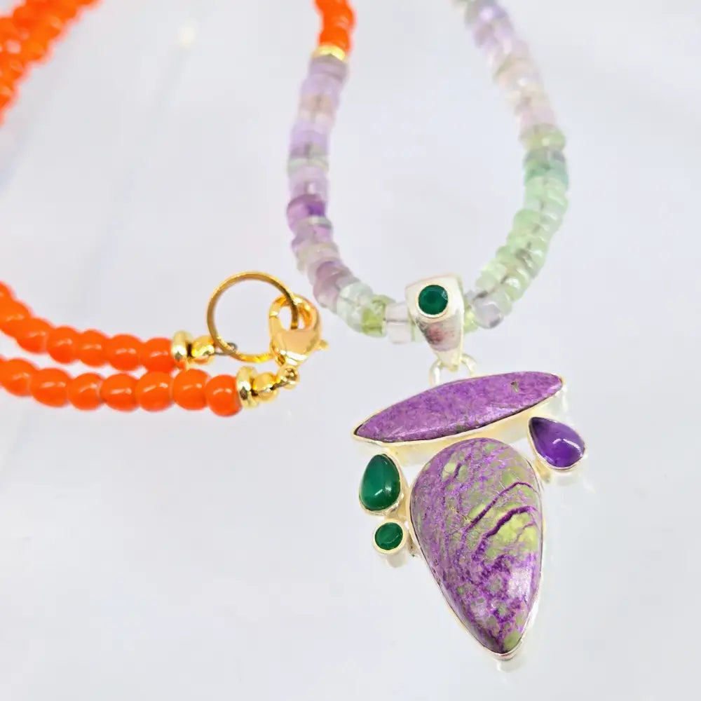 ?CAndy-dandy Double’ Pendant Necklace Combo - Mixed Gems & Beads Cable Sterling Gold-plated Findings