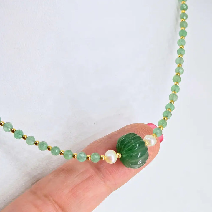 ?CAndy Necklace #13’’ 16’’ - 17’’ -green Flourite Pearls Gold Sterling