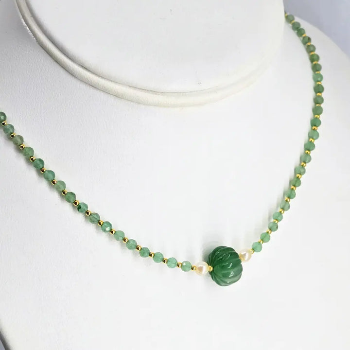 ?CAndy Necklace #13’’ 16’’ - 17’’ -green Flourite Pearls Gold Sterling