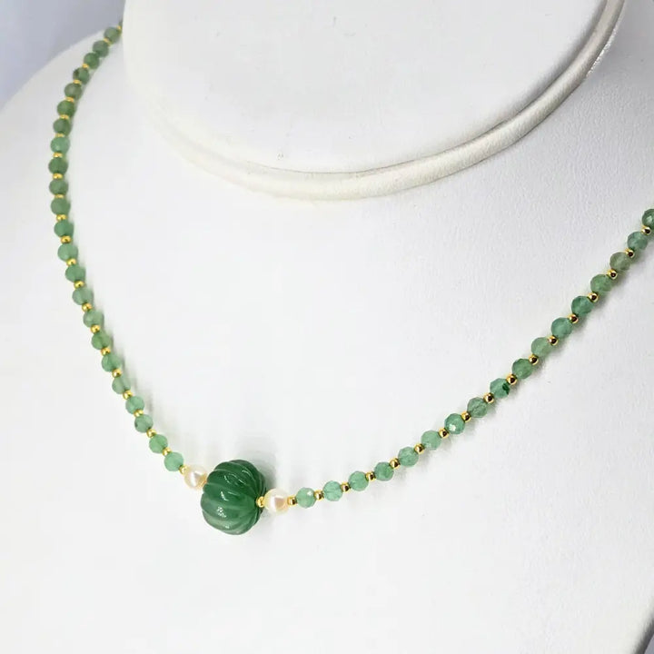 ?CAndy Necklace #13’’ 16’’ - 17’’ -green Flourite Pearls Gold Sterling