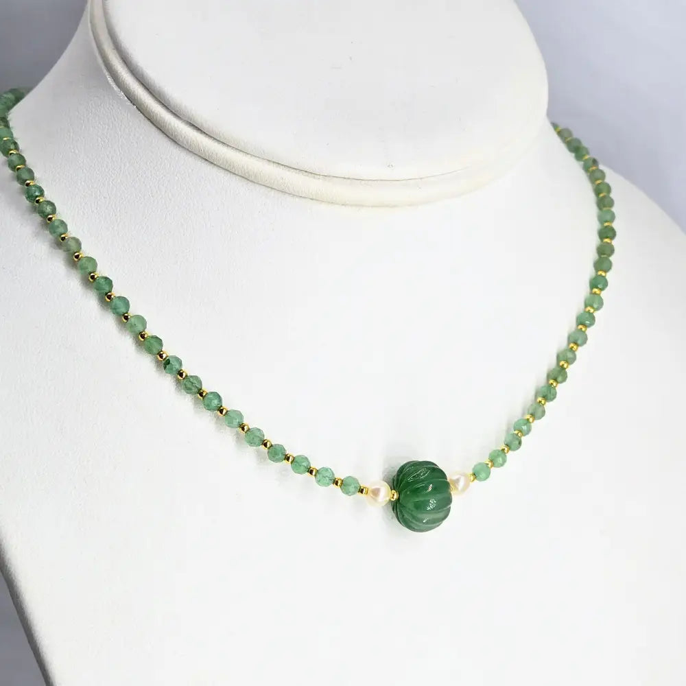 ?CAndy Necklace #13’’ 16’’ - 17’’ -green Flourite Pearls Gold Sterling