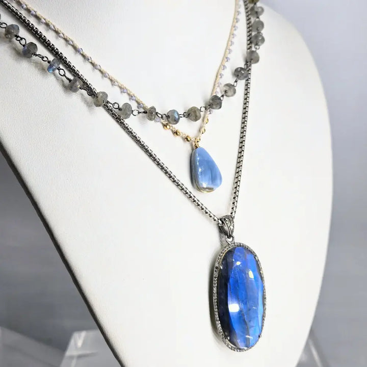 ?CAndy Strand #1’’ 16’’-17’’ Necklace - Angelite Miyuki Glass Silk Gold Sterling