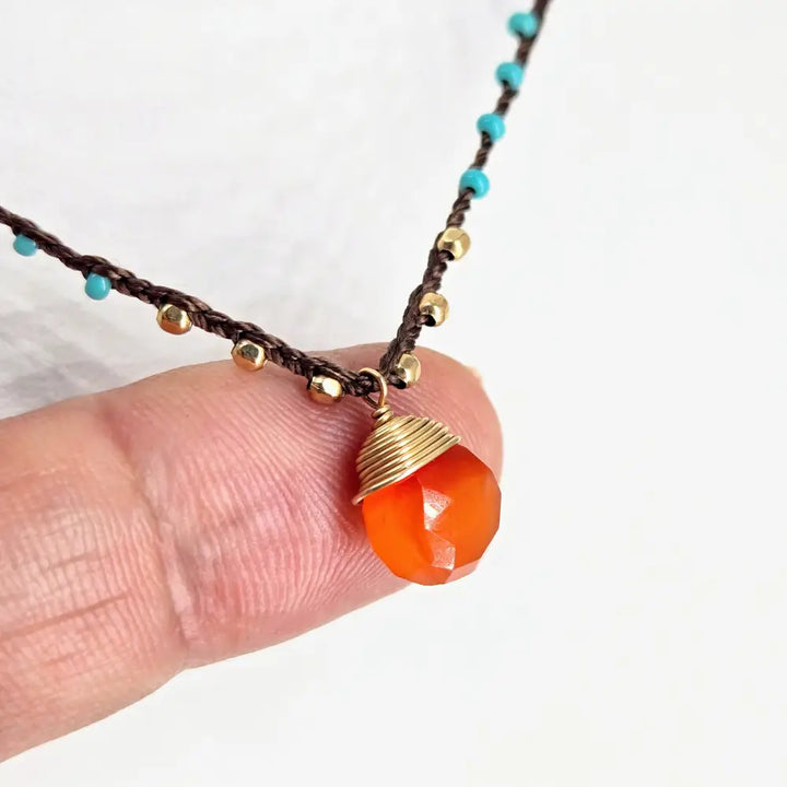 ?CAndy Strand #4’’ 16’’-17’’ Necklace - Carnelian Miyuki Glass Silk Gold Sterling - with Clear & Cinnamon