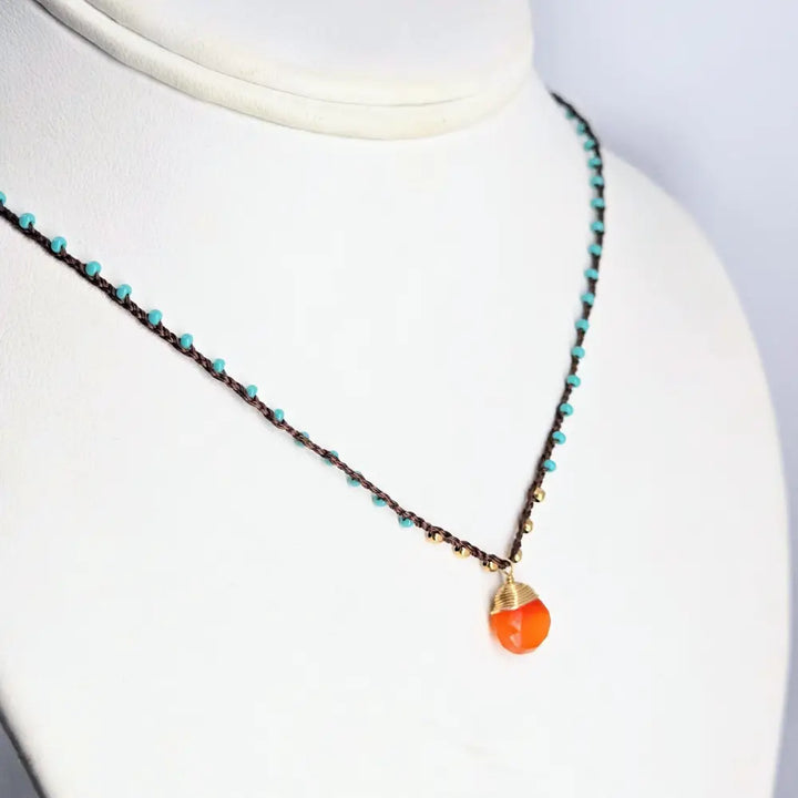 ?CAndy Strand #4’’ 16’’-17’’ Necklace - Carnelian Miyuki Glass Silk Gold Sterling - with Turquoise Beads