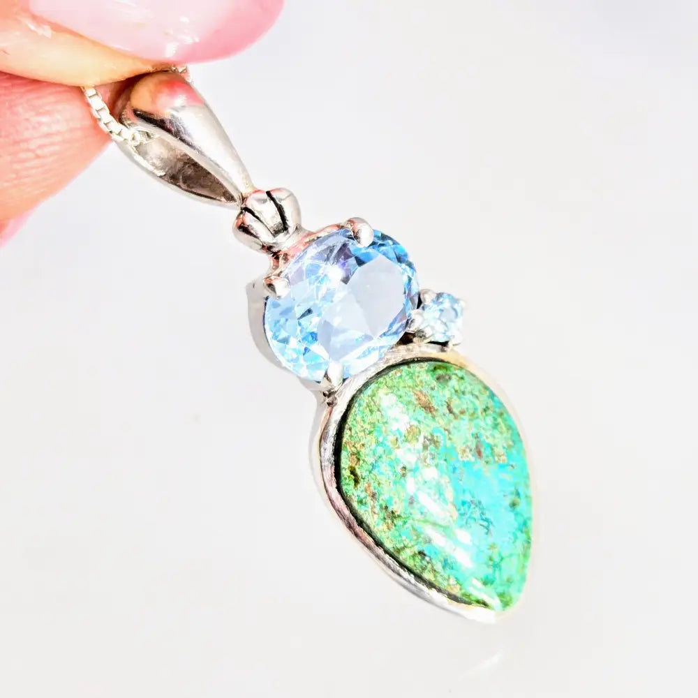 ?CAribbean Beach’ 18’’ Necklace 1.5’’ Pendant Fuchsite Topaz Sterling