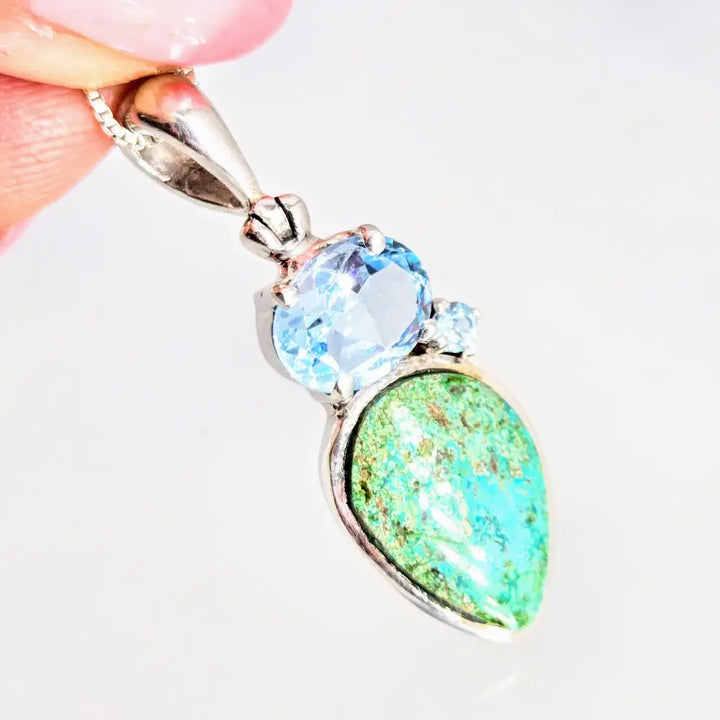 ?CAribbean Beach’ 18’’ Necklace 1.5’’ Pendant Fuchsite Topaz Sterling