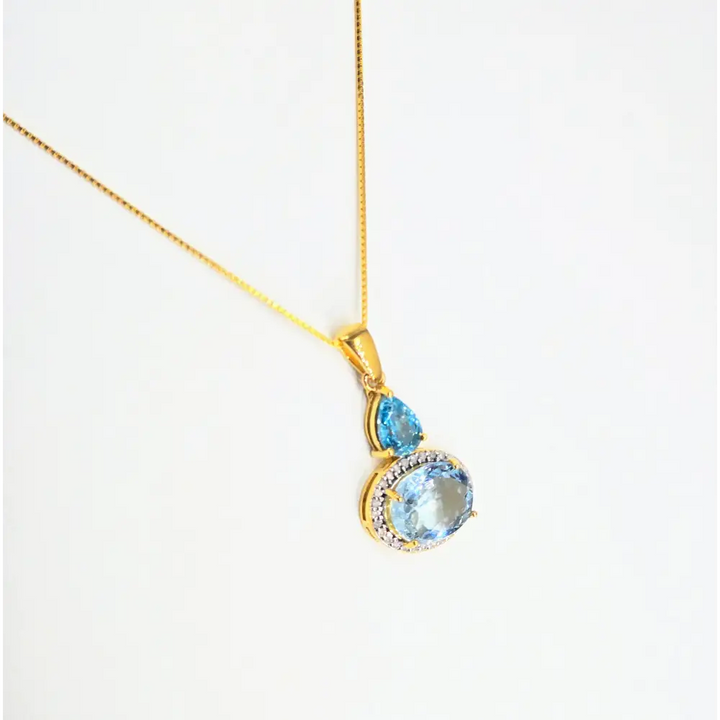 ?CAribbean Coast’ Pendant Necklace - Blue Zircon Aquamarine Diamonds 18k Gold Sterling