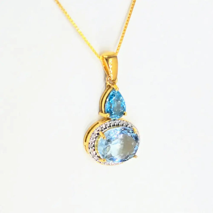 ?CAribbean Coast’ Pendant Necklace - Blue Zircon Aquamarine Diamonds 18k Gold Sterling