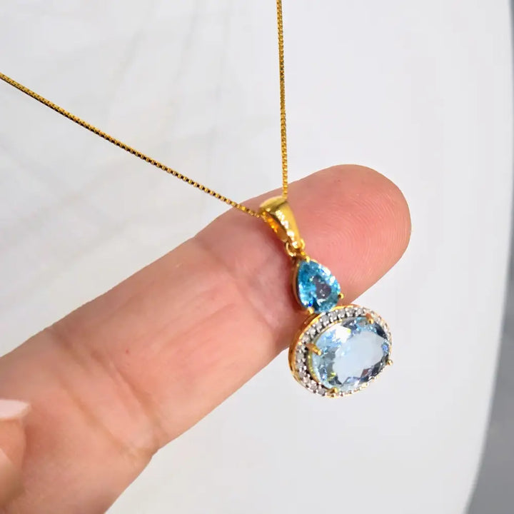 ?CAribbean Coast’ Pendant Necklace - Blue Zircon Aquamarine Diamonds 18k Gold Sterling