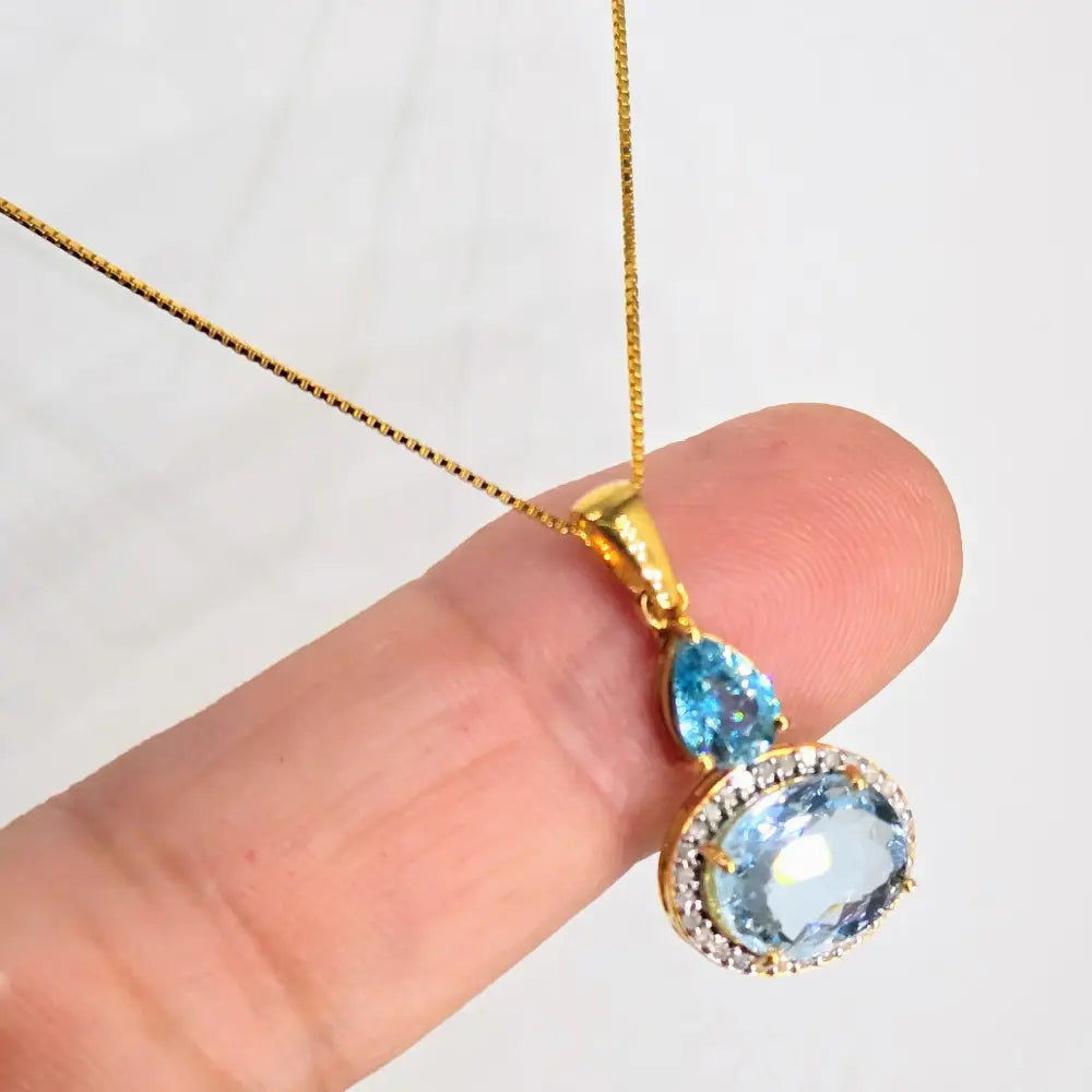 ?CAribbean Coast’ Pendant Necklace - Blue Zircon Aquamarine Diamonds 18k Gold Sterling