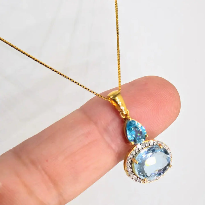 ?CAribbean Coast’ Pendant Necklace - Blue Zircon Aquamarine Diamonds 18k Gold Sterling