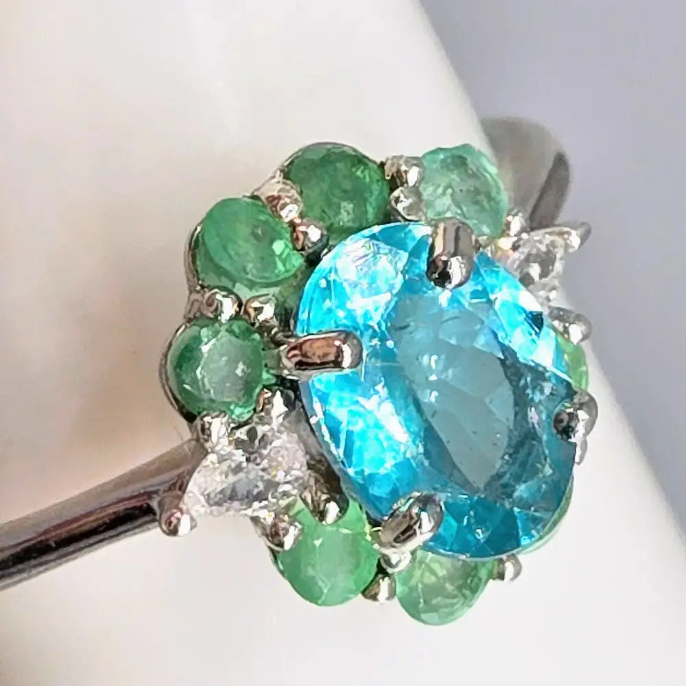 ?CAribbean Dreams’ Sz 7 Ring - Paraiba Blue Topaz & Emerald Anti-tarnish Sterling