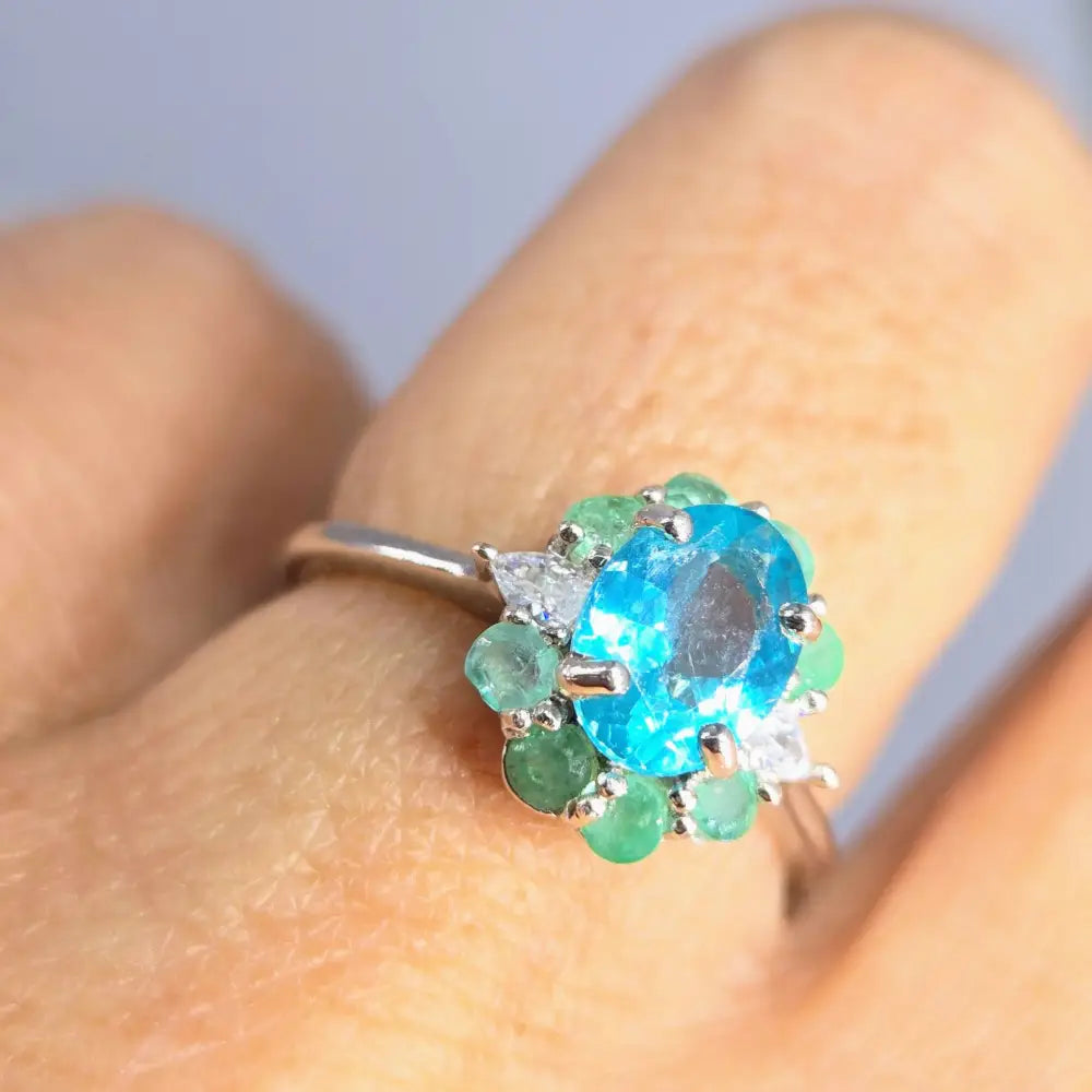 ?CAribbean Dreams’ Sz 7 Ring - Paraiba Blue Topaz & Emerald Anti-tarnish Sterling